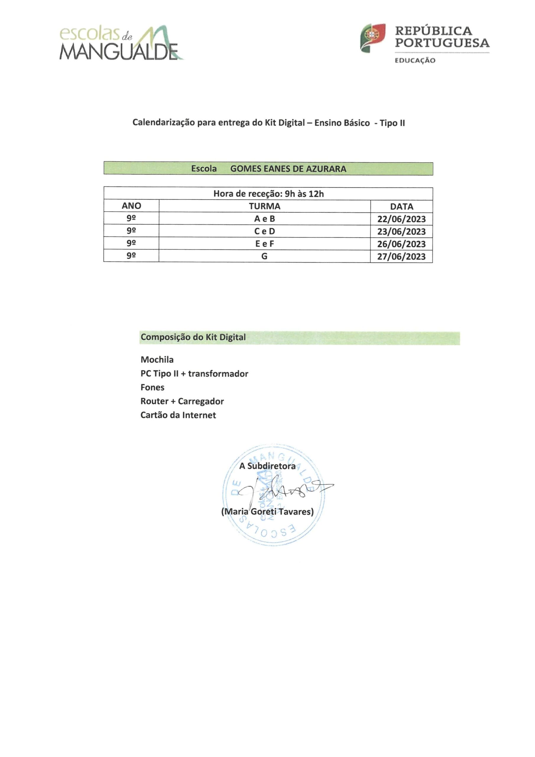 Calendarização da entrega do Kit Digital – Ensino Básico – Tipo II na Escola Gomes Eanes de Azurara